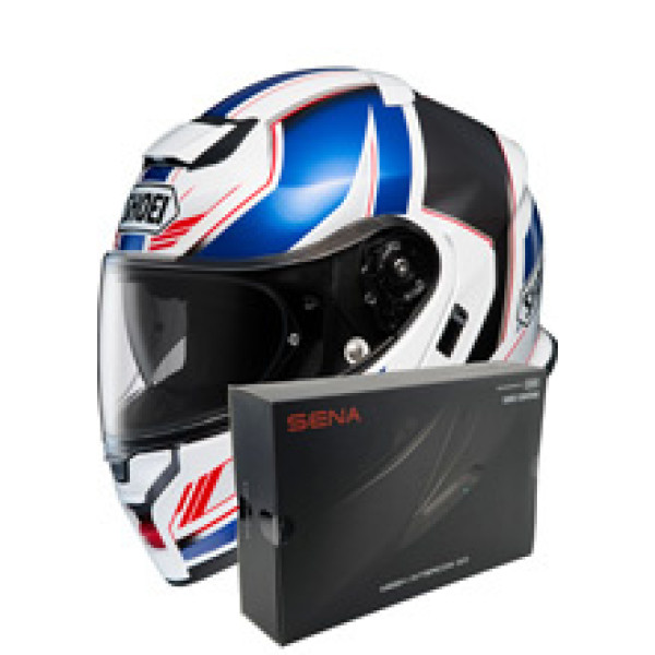 Комплект: шолом з підборіддям Shoei Neotec 3 Grasp TC-10 біло-синій + спеціалізований мотоінтерком Sena SRL 3