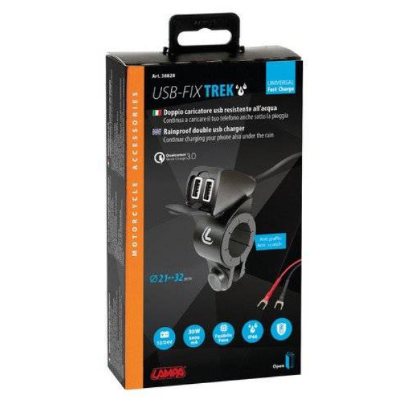 Подвійний, водонепроникний зарядний пристрій USB Лампа Usb-Fix Trek з кріпленням до керма мотоцикла швидка зарядка; 5400 mA; 12/24 V