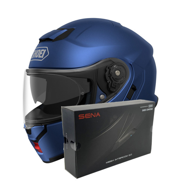 Комплект: шолом з підборіддям Shoei Neotec 3 матовий синій + спеціалізований мотоінтерком Sena SRL 3