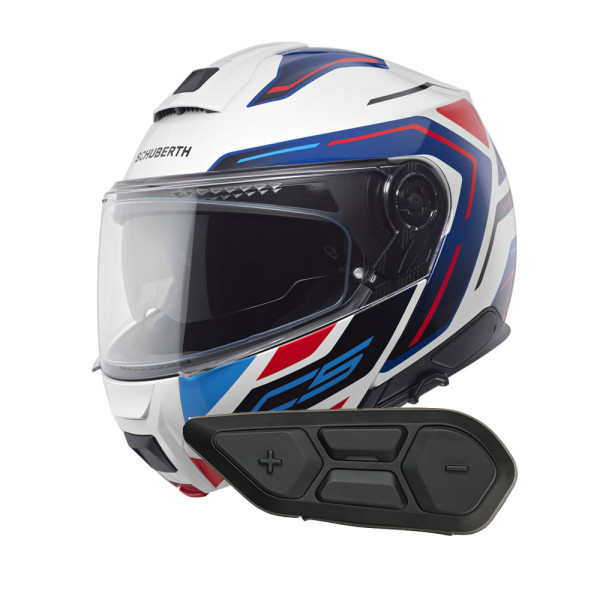 Комплект: шолом щелепний Schuberth C5 Omega біло-синьо-червоний + спеціалізований мотоінтерком Schuberth SC2