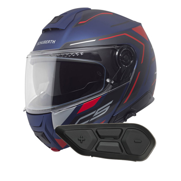 Комплект: шолом щелепний Schuberth C5 Omega синьо-чорно-червоний + спеціальний мотоциклетний інтерком Schuberth SC2