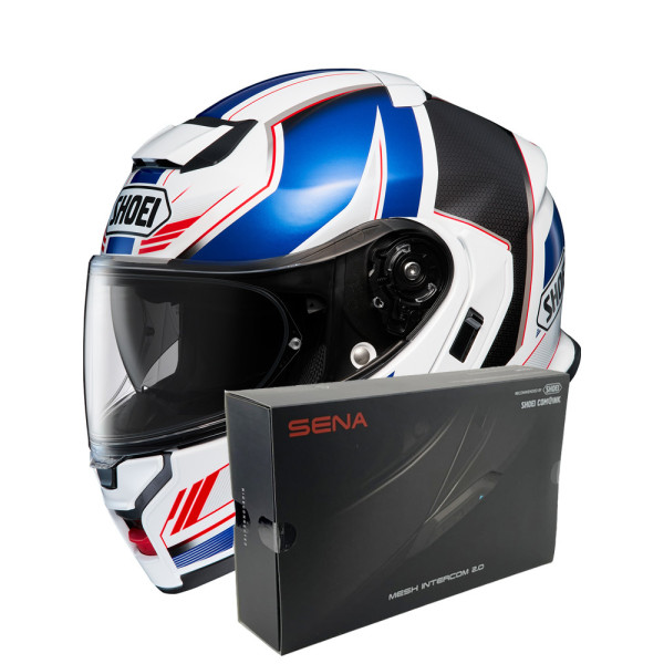 Комплект: шолом з підборіддям Shoei Neotec 3 Grasp TC-10 біло-синій + спеціалізований мотоінтерком Sena SRL 3