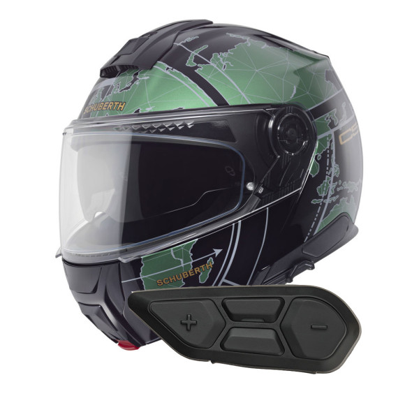Комплект: шолом з підборіддям Schuberth C5 Globe зелено-чорний + спеціалізований мотоінтерком Schuberth SC2