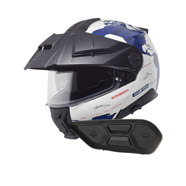 Комплект: шолом щелепний Schuberth E2 Atlas біло-синій + спеціальний мотоінтерком Schuberth SC2