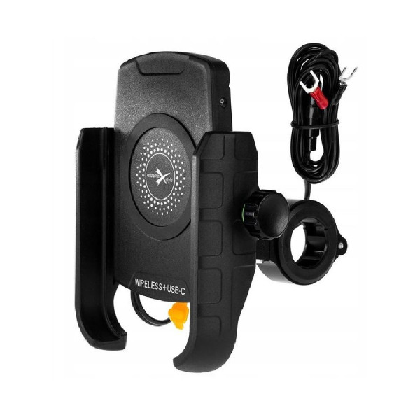 Мотоциклетний тримач для телефону Biketec з індукційною зарядкою USB-C, монтується на кермо/дзеркало чорний тип: R9W-PD Metal