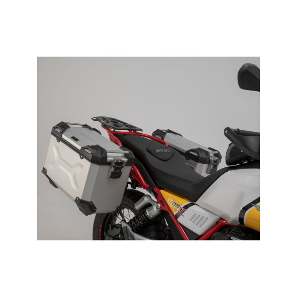 Комплект: бічні кофри 45/37L + центральний кофр 38L TRAX ADV+ кріплення SW-MOTECH для мотоцикла Moto Guzzi V85 TT (19-) сріблясті