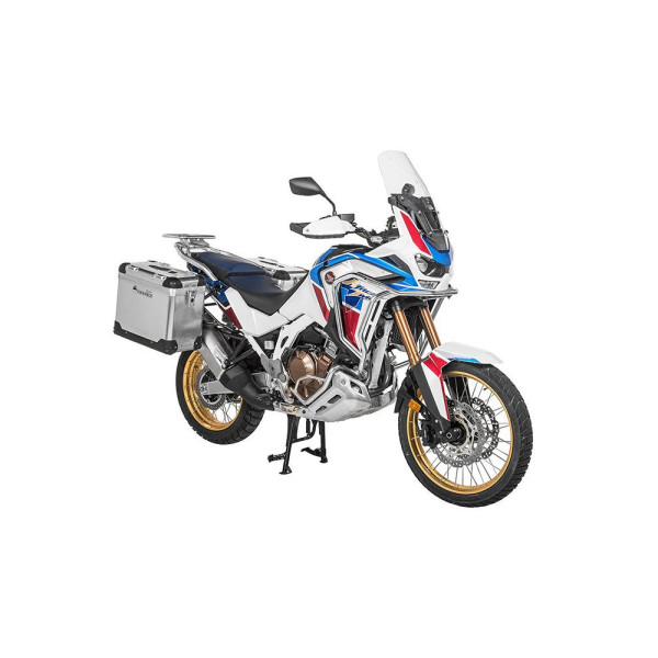Комплект: бічні алюмінієві кофри сріблясті Zega Pro + чорні стелажі Touratech для Honda CRF1100L Africa Twin (22-)/ Adventure Sports (38+45L)