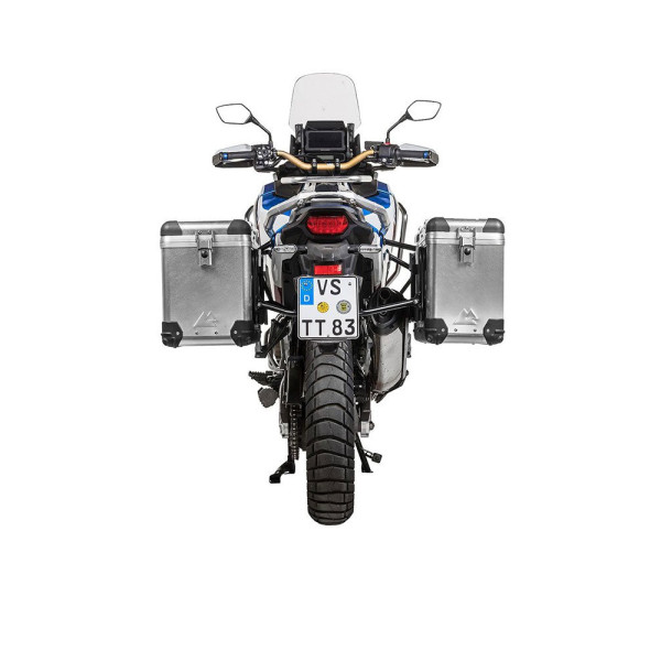Комплект: бічні алюмінієві кофри сріблясті Zega Pro + чорні стелажі Touratech для Honda CRF1100L Africa Twin (22-)/ Adventure Sports (38+45L)