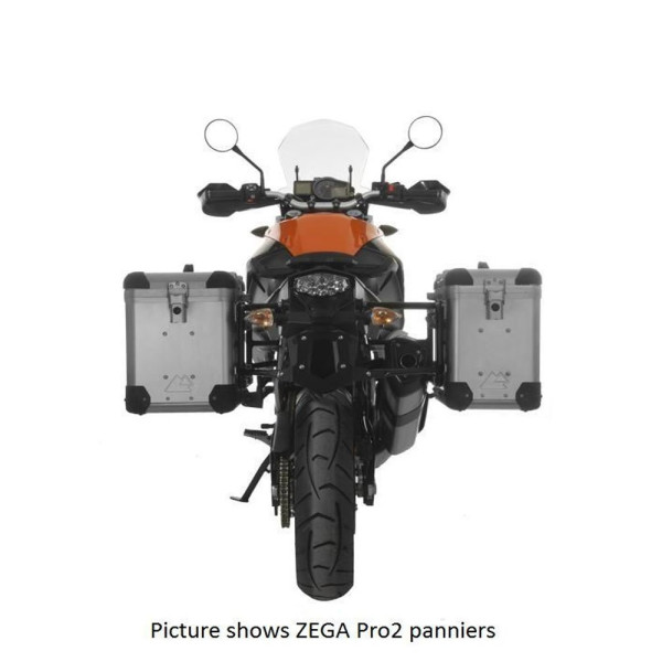 Комплект: бічні алюмінієві кофри сріблясті Zega Pro + чорні стійки Touratech KTM 1050 Adventure/ 1090 Adventure/ 1290 Super Adventure (-20)/1190 Adventure/R (38+45L)