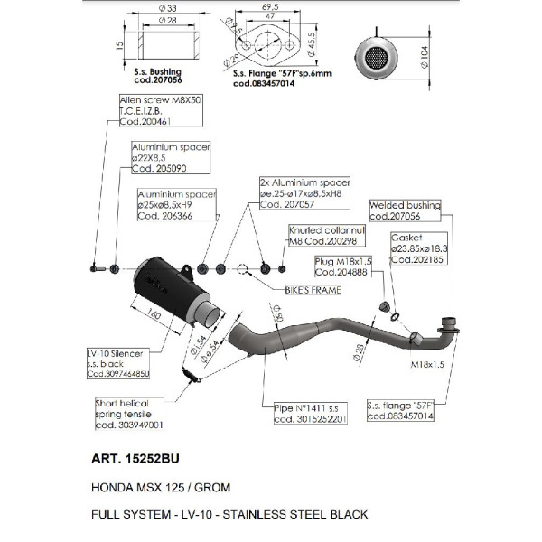 Повний вихлопний система LeoVince LV-10 Black Edition Honda MSX 125/ Grom (22-) чорний нержавіюча сталь