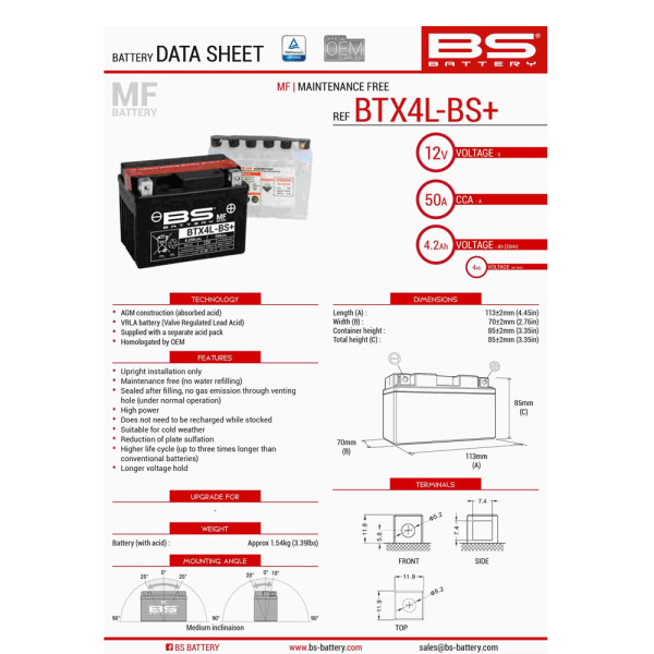 Безобслуговувальний акумулятор BS Battery BTX4L-BS+ без електроліту