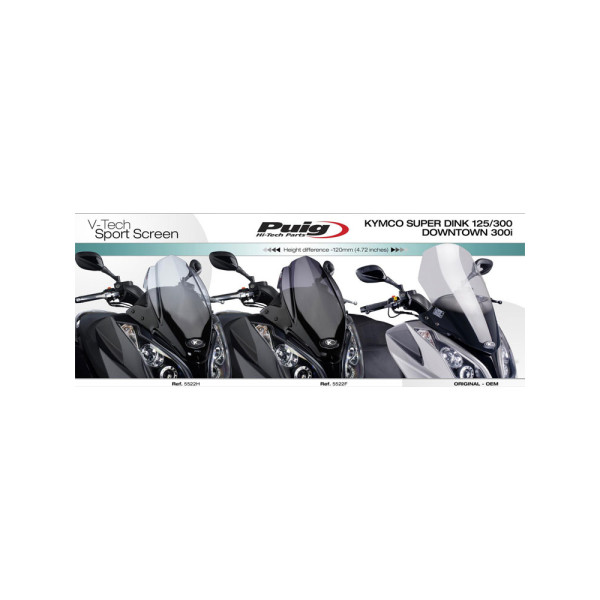 Скло PUIG V-Tech Sport для Kymco DOWNTOWN 125i / 300i, GRAND DINK 125 / 300, SUPERDINK 125i / 300i / 350i, X-TOWN 125 / 300 легке затемнене