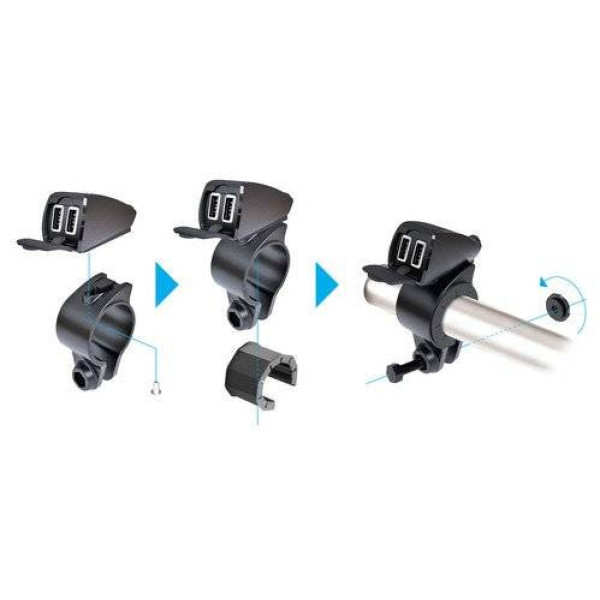 Подвійний, водонепроникний зарядний пристрій USB Лампа Usb-Fix Trek з кріпленням до керма мотоцикла швидка зарядка; 5400 mA; 12/24 V