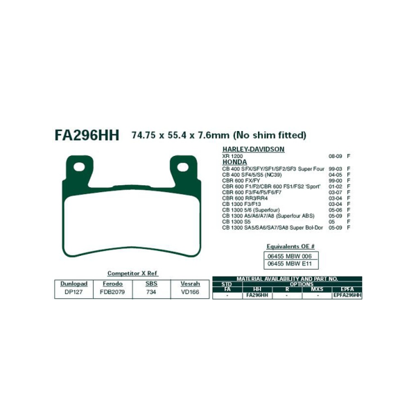 Гальмівні колодки EBC EPFA296HH 74.75 x55.4 x 7.6mm на передню ось