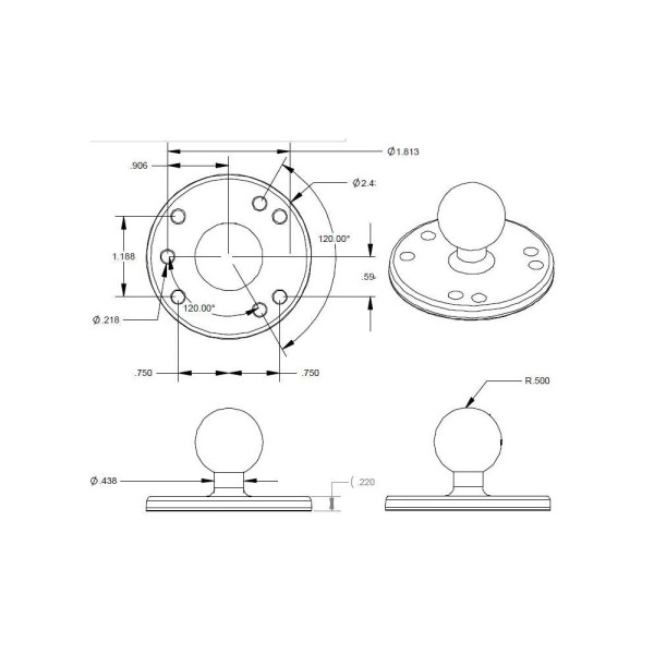 Обертова голова RAM з круглою основою діаметром 2.54 см