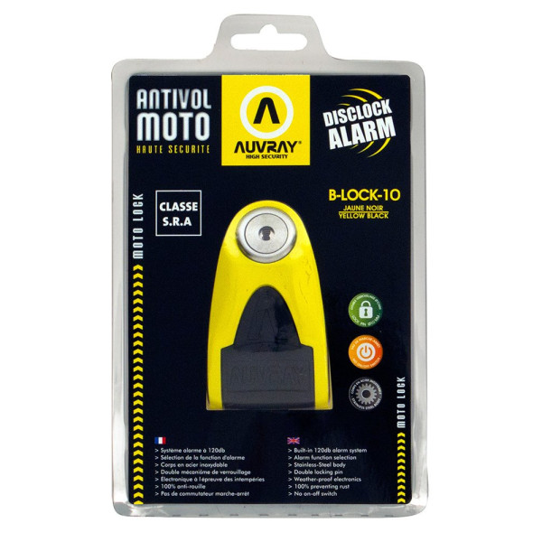 Блокування на диск з сигналізацією AUVRAY B-Lock 10 жовто-чорне, діаметр стержня 10mm (клас S.R.A.)