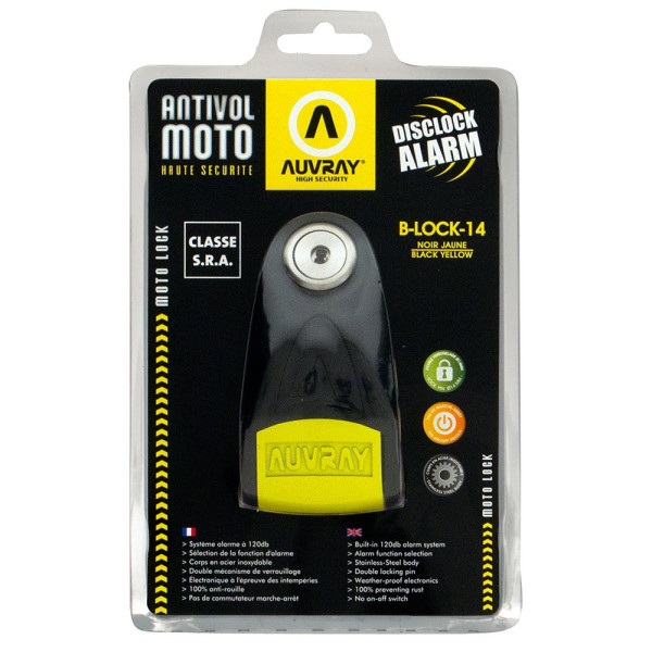 Блокування на диск з сигналізацією AUVREY B-Lock 14 чорне-жовте, діаметр стрижня 14mm (клас S.R.A)