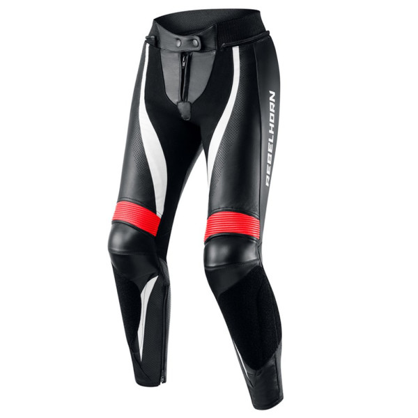 Жіночі мотоциклетні шкіряні штани Rebelhorn Rebel чорні-флюо червоно-білі