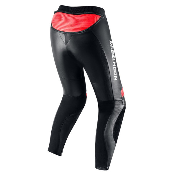 Жіночі мотоциклетні шкіряні штани Rebelhorn Rebel чорні-флюо червоно-білі